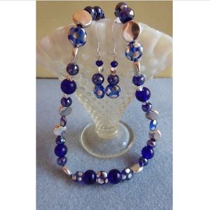 Modern Design Cobalt & Silver Beaded Necklace & Earring Set w Sterling Findings
